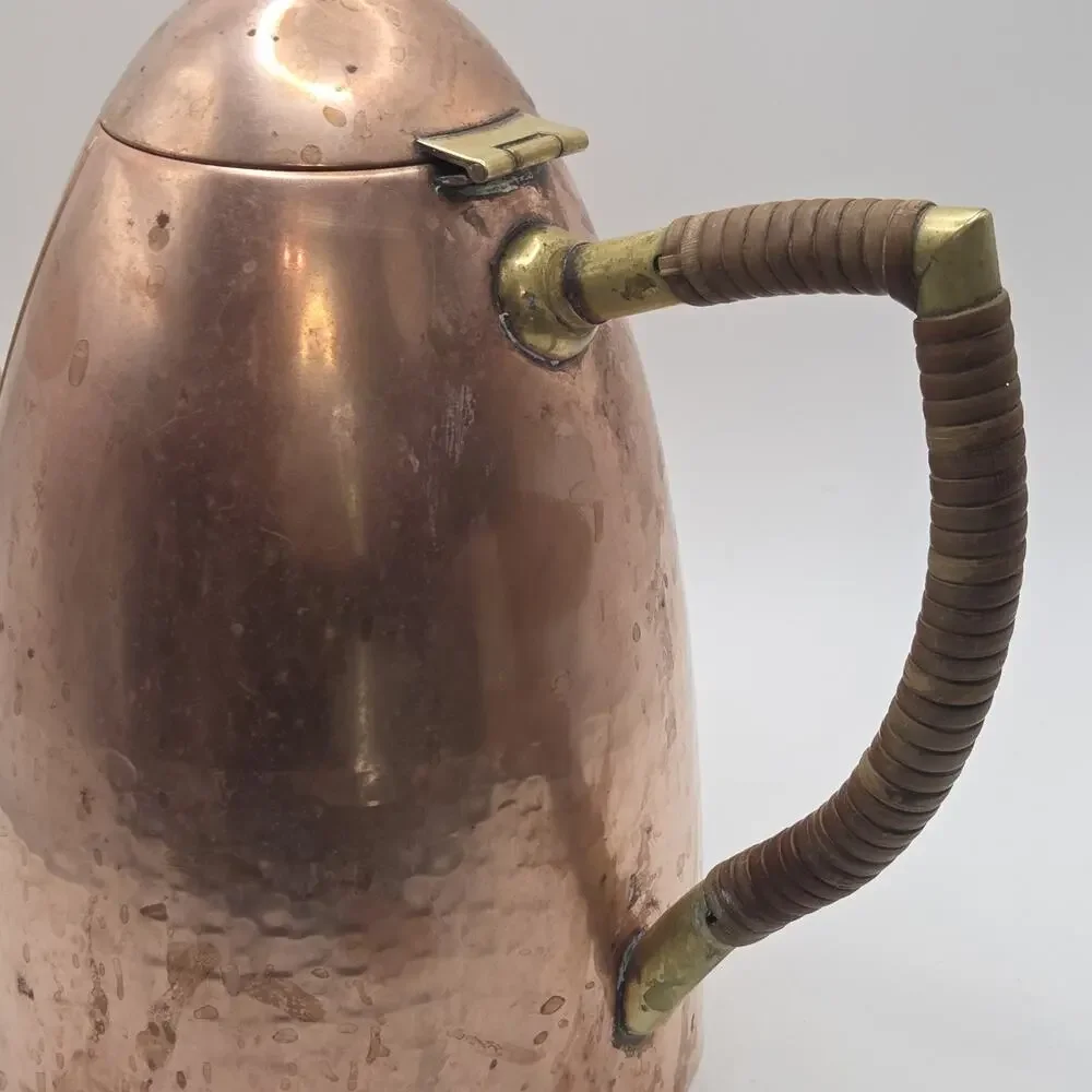 MCM Tea Pot O.H. Lagerstedt Swedish Hammered Copper & Brass 1950s Bamboo Handle